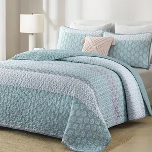 Aqua Quilt Set  Size Boho Striped Bedspread Lightweight Soft Microfiber Bedding Set 96"x90" (3 Pieces)