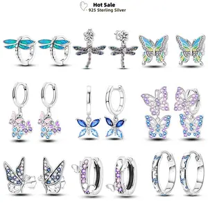 Dragonfly Butterfly Stud Earrings For Women Original 925 Sterling Silver Fashion Jewelry Party Wedding Pink Blue Hoop Earrings