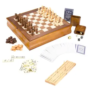 7-in-1 Classic Wooden Board Games Set - Ultimate Family Fun with Chess, Checkers, Backgammon, Dominoes, and More!