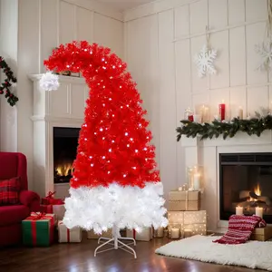 iCapeson 6FT Pre-Lit Santa Hat Christmas Tree with 300 Cool White LED Lights, Bendable Top & 1050 PET Branch Tips, Whimsical Artificial Xmas Tree for Indoor Holiday Decor