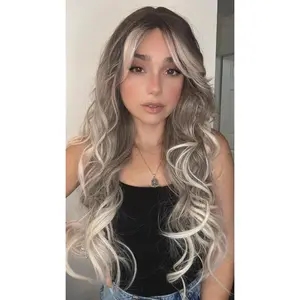 EllaRae | Mena Style Wig | Long Wavy Silvery Blonde Highlights with Curtain Bangs