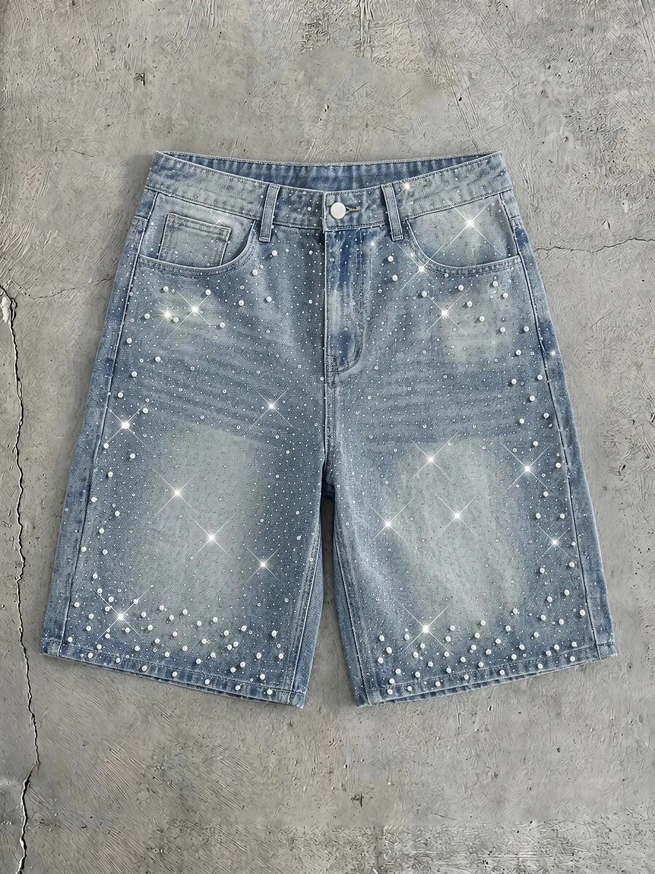 Men's Rhinestone Denim Shorts, Vintage Light Blue Washed Loose-Fit, Full Rhinestone & Artificial Pearl Decor, Streetwear Y2K Hip-Hop Summer Pants