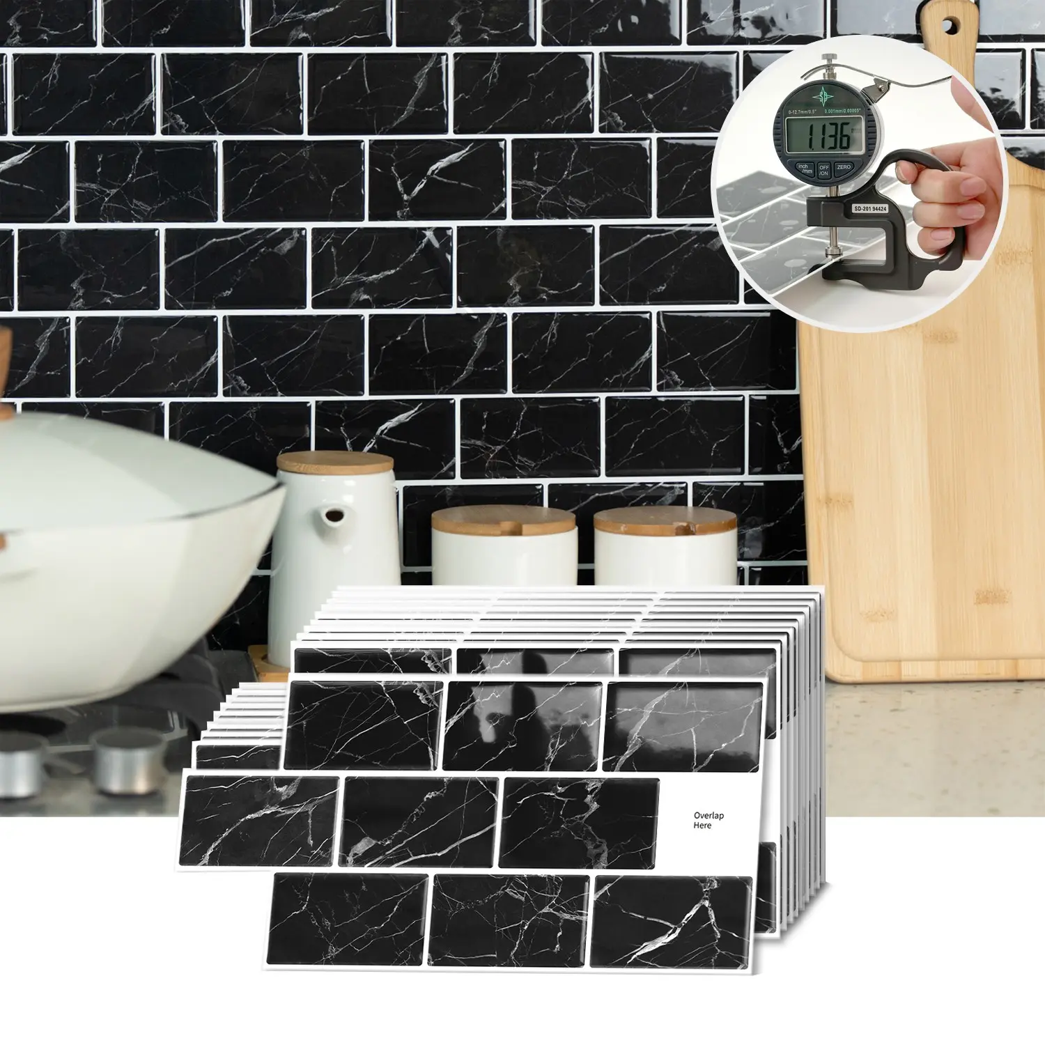 12pcs/24pcs/48pcs Black Marble Peel and Stick Tile Stickers, Waterproof Oilproof Subway Tile Backsplash, Removable Self-Adhesive Wall Tiles for Kitchen Bathroom Home Decor