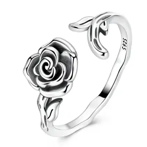 MULA S925 Silver-plated rose flower open ring, adjustable floral jewelry, the best gift for girls and women, suitable for birthdays, Valentine's Day, anniversaries, Christmas, graduations