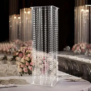 Acrylic Flower Pedestal Vase Pillar Stand 32" Clear with Crystal Beads - Heavy Duty Wedding Floor Centerpiece