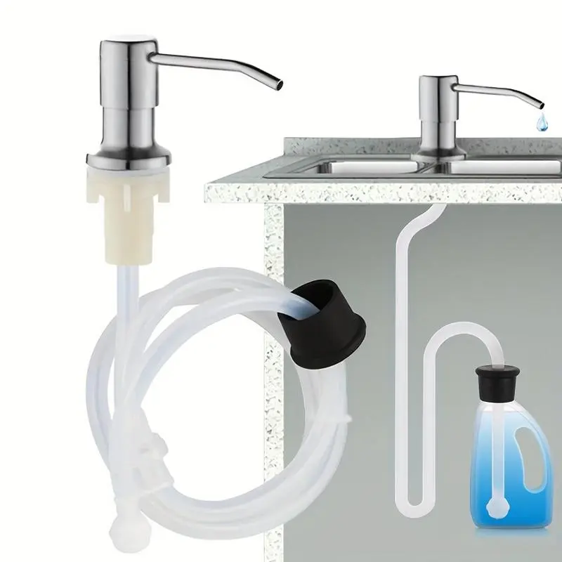 Kitchen Sink Liquid Dish Soap Dispenser, 1 Set Stainless Steel Sink Soap Dispenser with Longer Threaded Pump, Modern Kitchen Dishwashing Dispenser, Soap Container