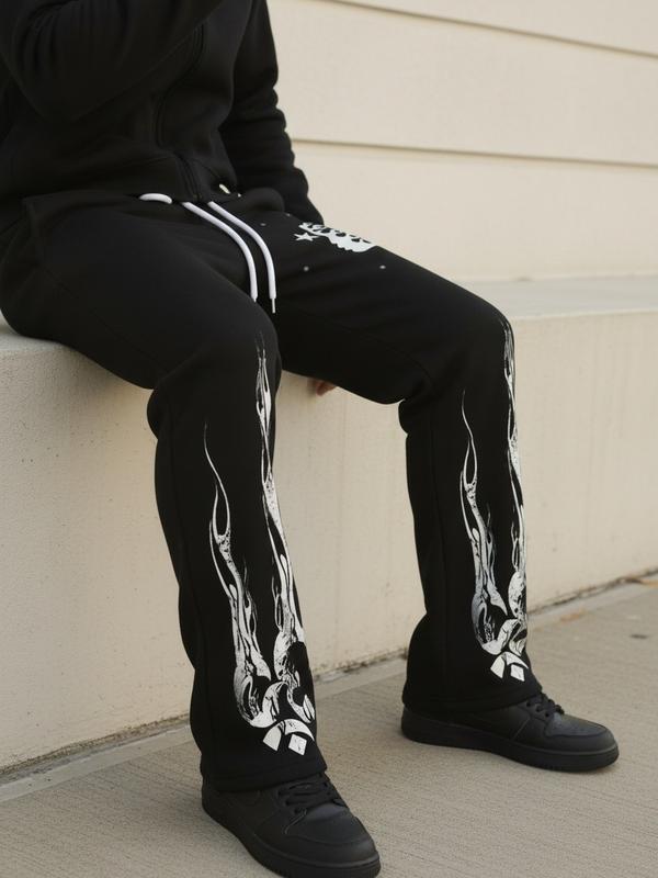 Unisex Black Flame & Star Graphic Print Sweatpants Streetwear Gothic Casual Drawstring Joggers 100% Polyester Unique Design