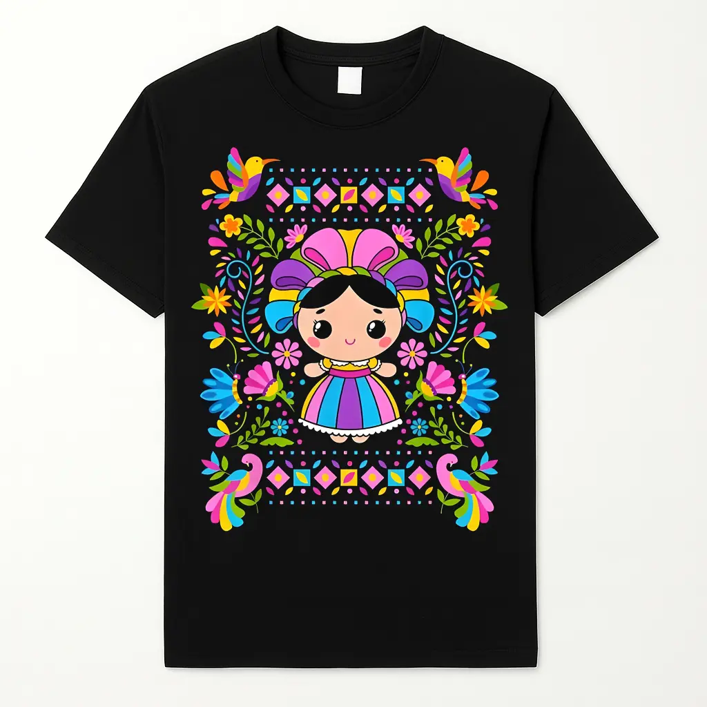 Women's Casual Graphic T-Shirt with Mexican Doll Lele Print - Soft 100% Cotton Crewneck, Breathable Short Sleeve for Everyday Wear