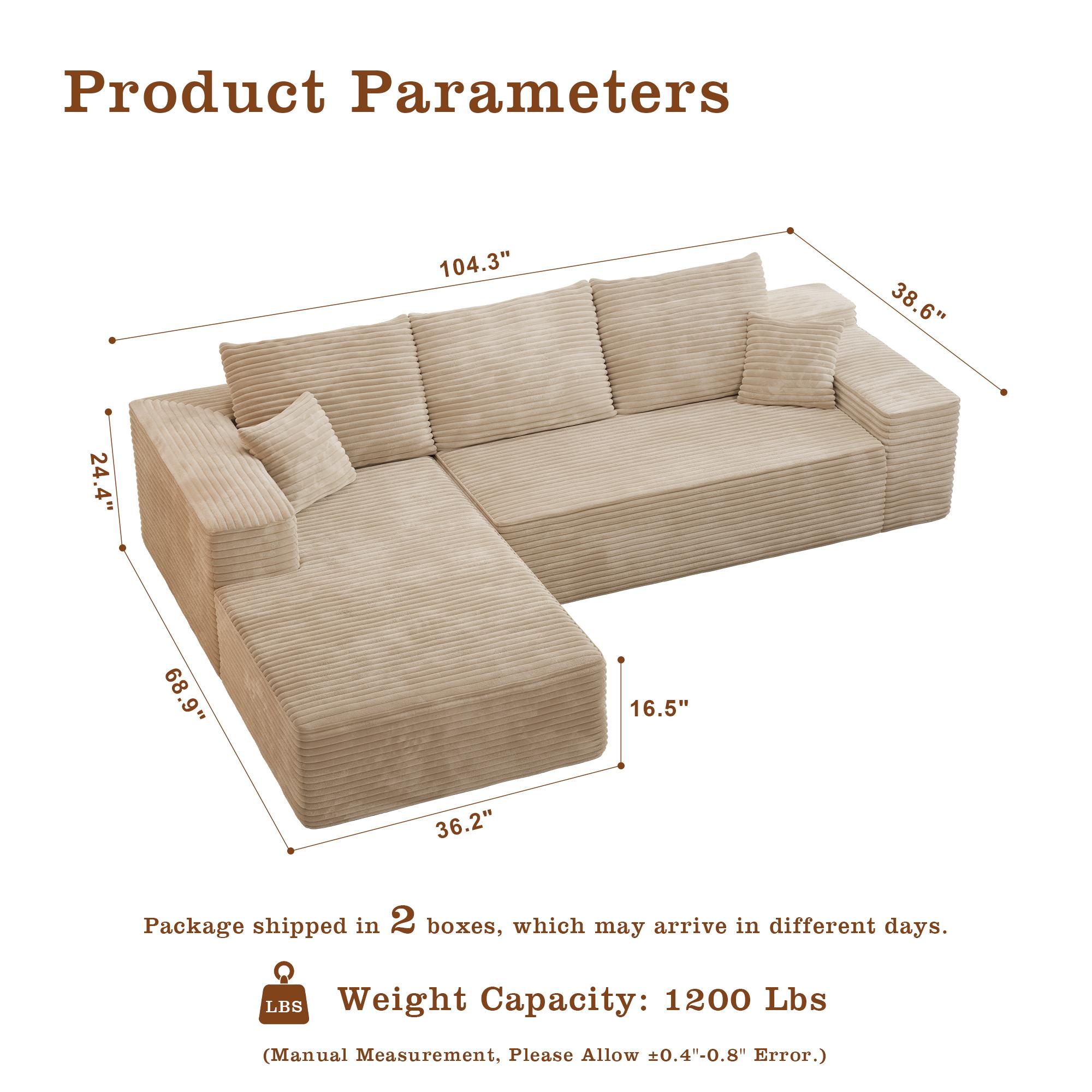 XIZZI 105.3"Boneless Sectional Couch with L-Shape Chaise, Modern Modular Sofa with Fixed Arms, Deep Seat Upholstered Couches for Living Room Bedroom, Plush Corduroy Cloud Velvet Fabric, No Assembly Required