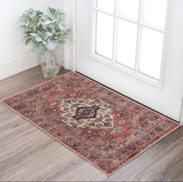 HomeRoots 546230 Living Room Decor Power-Loomed Distressed Traditional Rectangle Rug, 2x4 ft, Beige & Red, Washable Non-Skid Home Decor Accessory