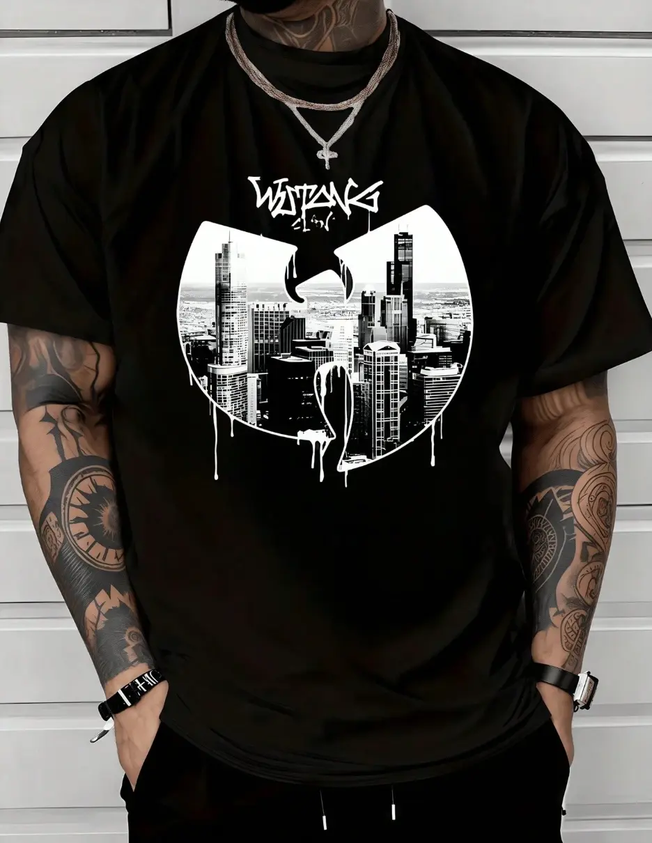 Men's 100% Cotton Regular Fit Short-Sleeve Graphic T-Shirt - Urban Skyline Silhouette Dripping Print, Symbolizing City Strength & Cultural Unity, Trendy Menswear Top, Good Graphic Tees