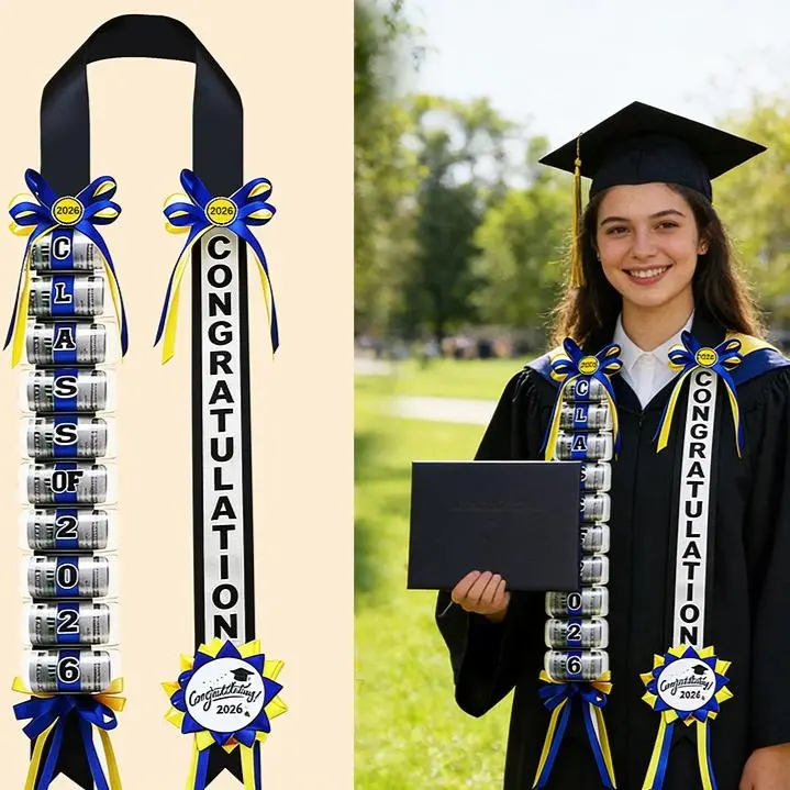 2026 Double-Color Braided Ribbon Lei with Candy - Grad Party Congratulations Gift, Class of 2026 Graduation Lei (Spring Glow-Up, Summer Vibes)