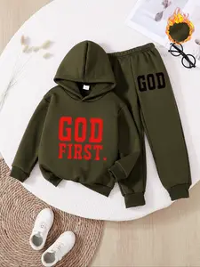 Boys' Long Sleeve Hooded Sweatshirt Set Outfit, Casual Fitted Thick Fabric, Fall & Winter, Comfortable Kids Clothing, Sweatpants, Hoodies