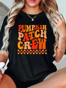 100% Cotton Unisex Groovy Pumpkin Patch Crew Fall Vibes Autumn Thanksgiving T-Shirt，Autumn women's short-sleeved, Thanksgiving and Halloween maple leaf pattern T-shirt