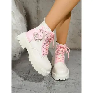 Women's Mid-Calf Boots, Fashion Zipper Design, Comfortable Lace-Up Closure, Wide Sole Support, Glitter Bow Decor, Outdoor Urban Sneakers