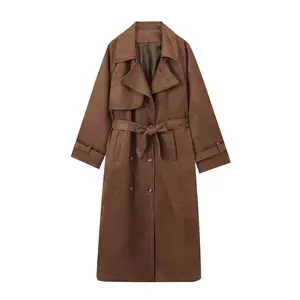 2025 Winter New Women's Brown Double Button Lapel Long Trench Coat with Belt Windbreaker Outerwear for Casual Pilot Outfits casual loose-fitting outerwear motorcycle coat high-quality woman shop  at  primark professional use