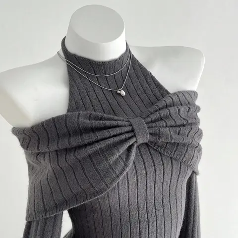 Women's Fuzzy Fluffy Knitted Top with Shoulder Tie Bow Design, Asymmetrical Hem, Elastic Slim Fit Everyday Casual Chic Long Sleeve Sweater for Fall Winter, Aesthetic Casual Knitwear, Knitwear, Womenswear