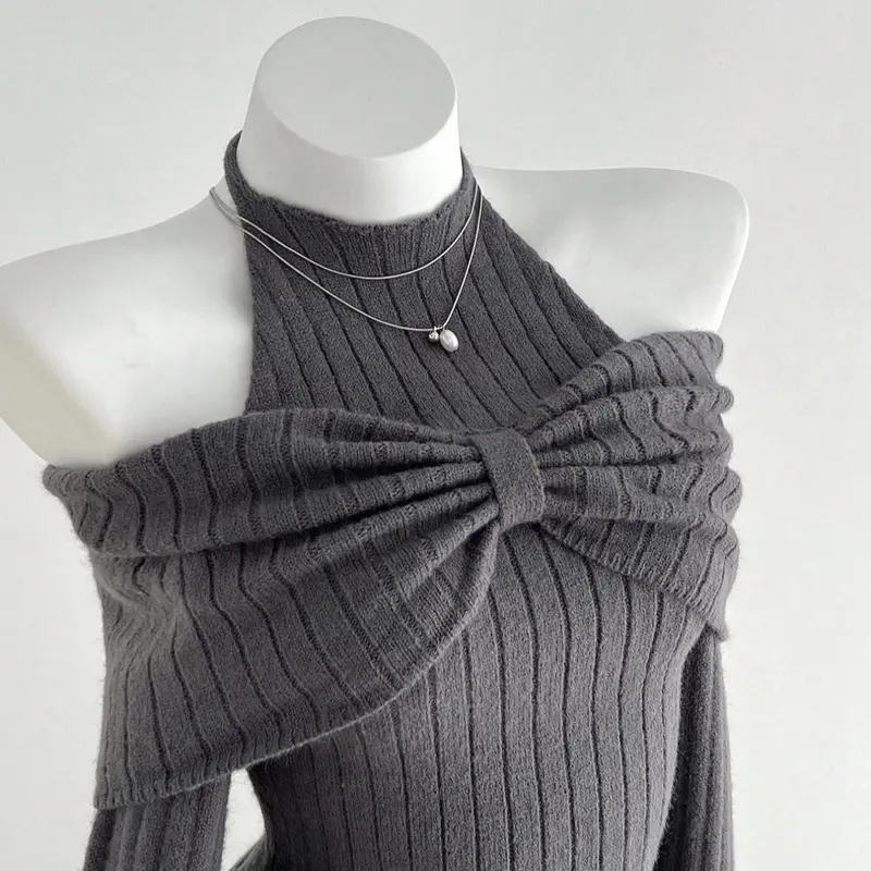Women's Fuzzy Fluffy Knitted Top with Shoulder Tie Bow Design, Asymmetrical Hem, Elastic Slim Fit Everyday Casual Chic Long Sleeve Sweater for Fall Winter, Aesthetic Casual Knitwear, Knitwear, Womenswear