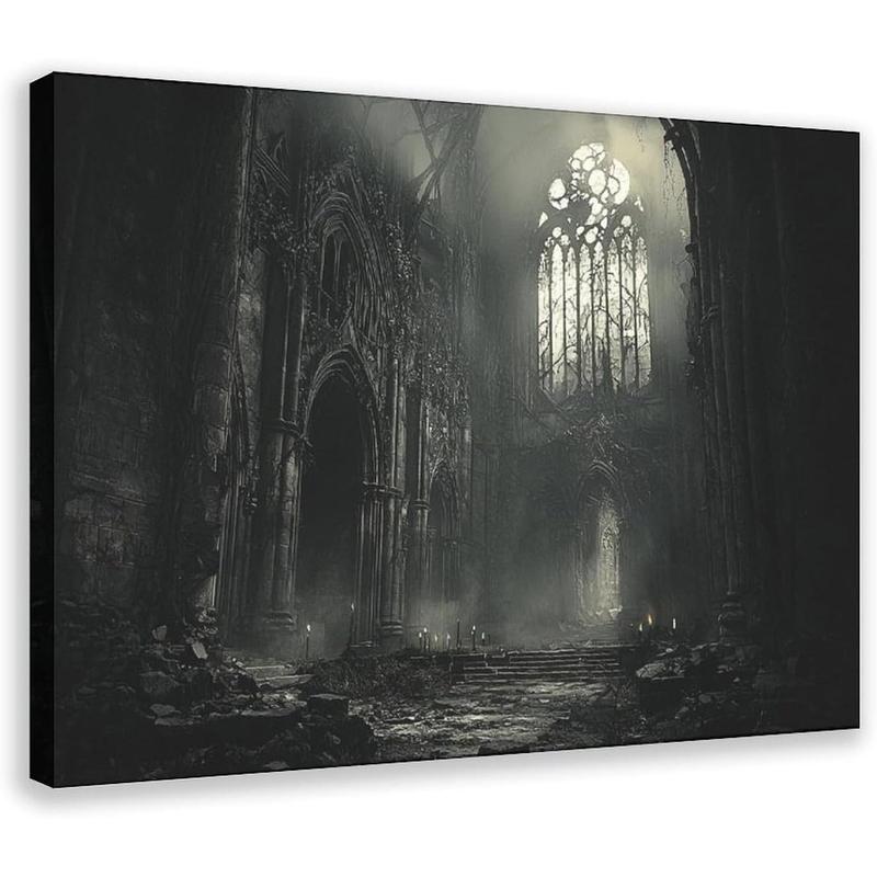 XAHOR Abandoned Gothic Cathedral Wall Art – Dark Horror Architecture Print – Vintage Black And White Canvas Wall Art Print Poster For Home School Office Decor 12x18inch(30x45cm)