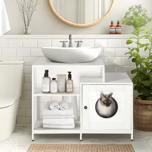 Hardware Cat litter box enclosure for bathroom, Hidden Litter Pet Washroom with Divider, Indoor Cat House for Large Cats, White