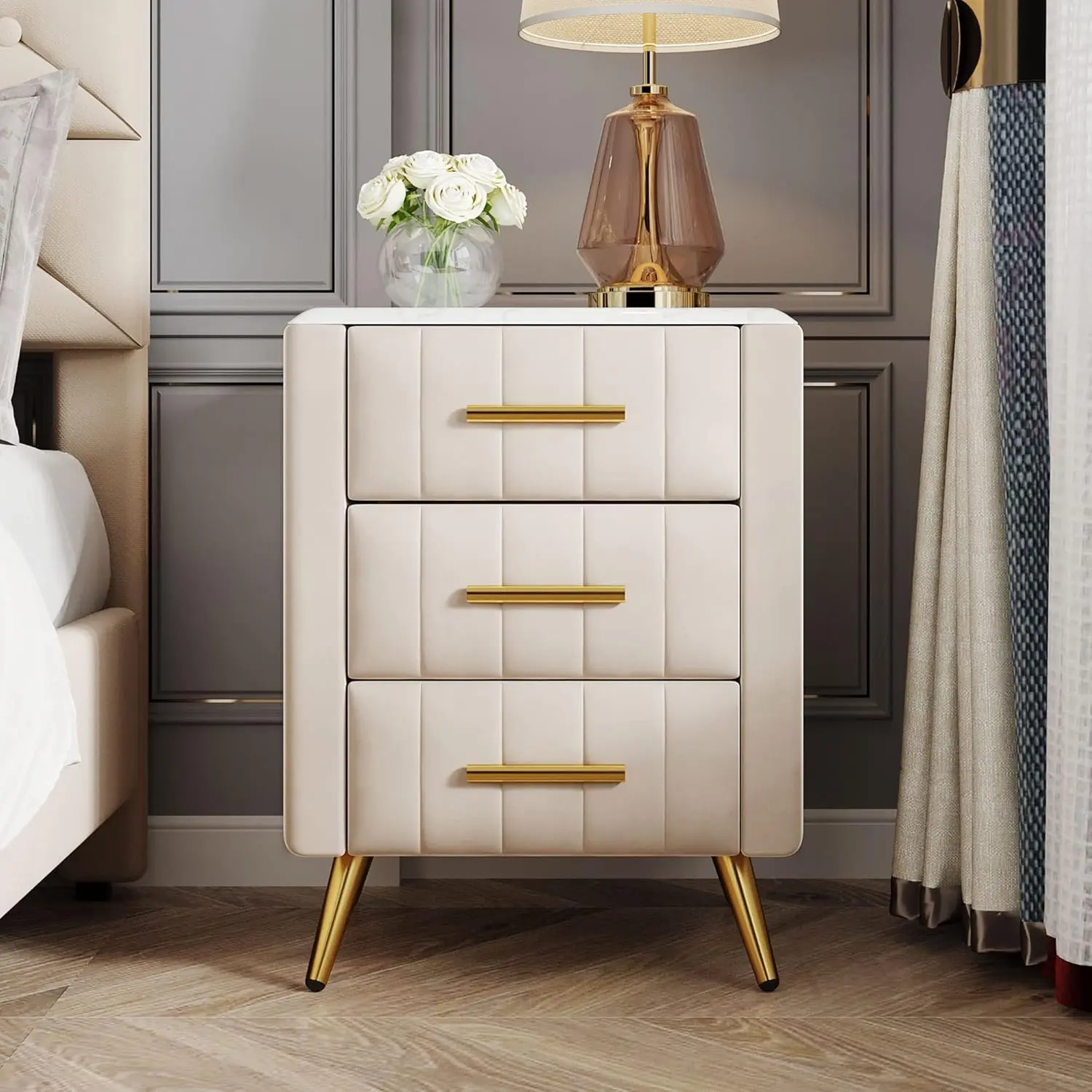 Beige Upholstered Wooden Bedroom Nightstand - Modern Night Stand with 3 Drawers, Marbling Worktop, Metal Legs, Metal Handles, Indoor Furniture Side Table, Bedroom Nightstands