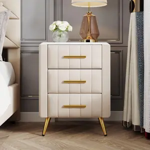 Upholstered Wooden Nightstand with 3 Drawers, Bedside Table with Marbling Worktop and Metal Legs Handles, Beige