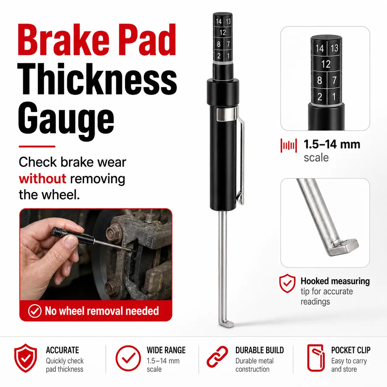 Car Brake Pad Thickness Gauge, 1.5–14mm Brake Pad Measuring Tool with Hooked Tip, No Wheel Removal Brake Wear Check Pen for Inner & Outer Brake Pads