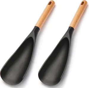 2 PackSilicone Cooking Spoon for Nonstick Cookware - Wooden Handle Kitchen Spoon for Mixing, Flipping, Scraping & Serving - Heat-Resistant Spatula for Baking, Stirring (11.4'' Black 2-Pcs)