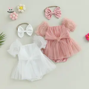 Girls Summer 2Pcs Tulle Dress Set Bow Front Romper Short Sleeve With Headband