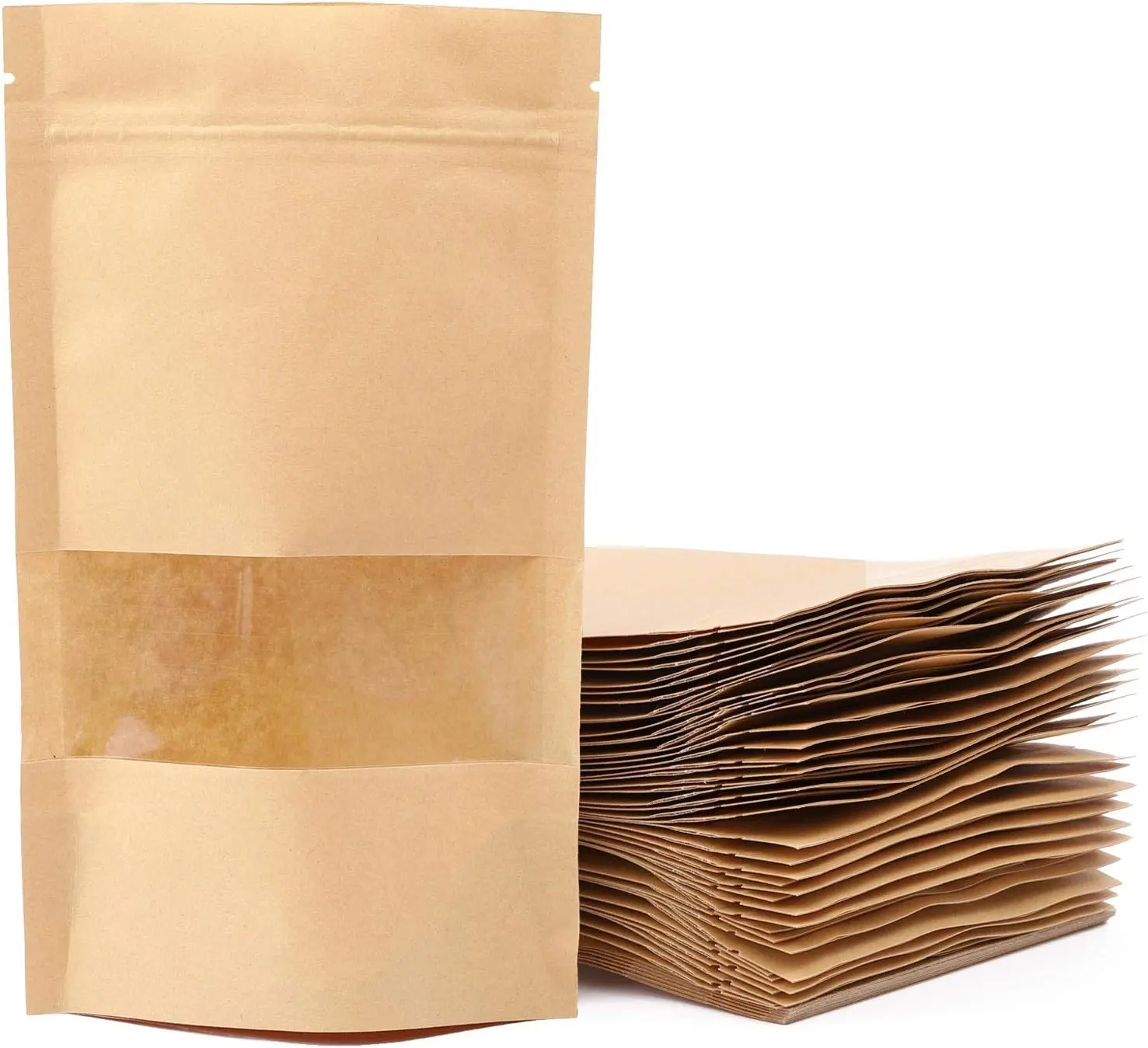 100-Pack Kraft Paper Stand-Up Ziplock Bags with Clear Window, Resealable Food Pouches for Cookies, Candy, Snacks & Bakery Packaging
