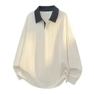 Oversized Cable Knit Polo Shirt for Men Women-Contrast Collar Long Sleeve Pullover Sweater,Relaxed Fit Split Neck Casual Top,Drop Shoulder Cozy Knitwear,Curved Hem Loose Fall Jumper