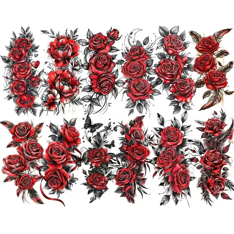 12 Sheets Red Fake Flowers Rose Tattoo Sexy Temporary Tattoos Flowers Colorful Sketch Stickers Waterproof Fake Arm Tattoo For Easter Summer Music Party Festival Decorations