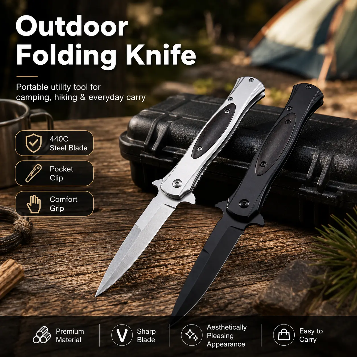 Multi-Function Folding Pocket Knife Portable Outdoor Tool for Adults 440C Steel Blade Durable Stainless Steel Handle for Camping Hiking Travel and Fishing EDC Knife with Pocket Clip