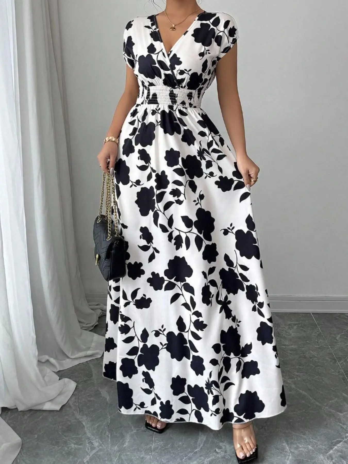 Women's All Over Print Floral Long Dress, V-Neck Elastic Waist Short Sleeve Dress, Elegant French Style Slim Fitting Vacation Dress, Spring Summer Clothes