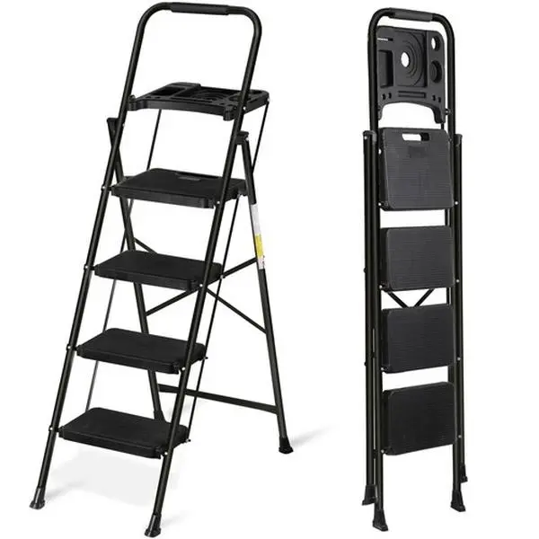 4-Step Heavy Duty Steel Frame Foldable Ladder with Tool Tray Ready, Handrail, Triangle Base, 330lbs Load Capacity, Lightweight Portable Indoor Home Goods Ladder for Cleaning, Garage Use