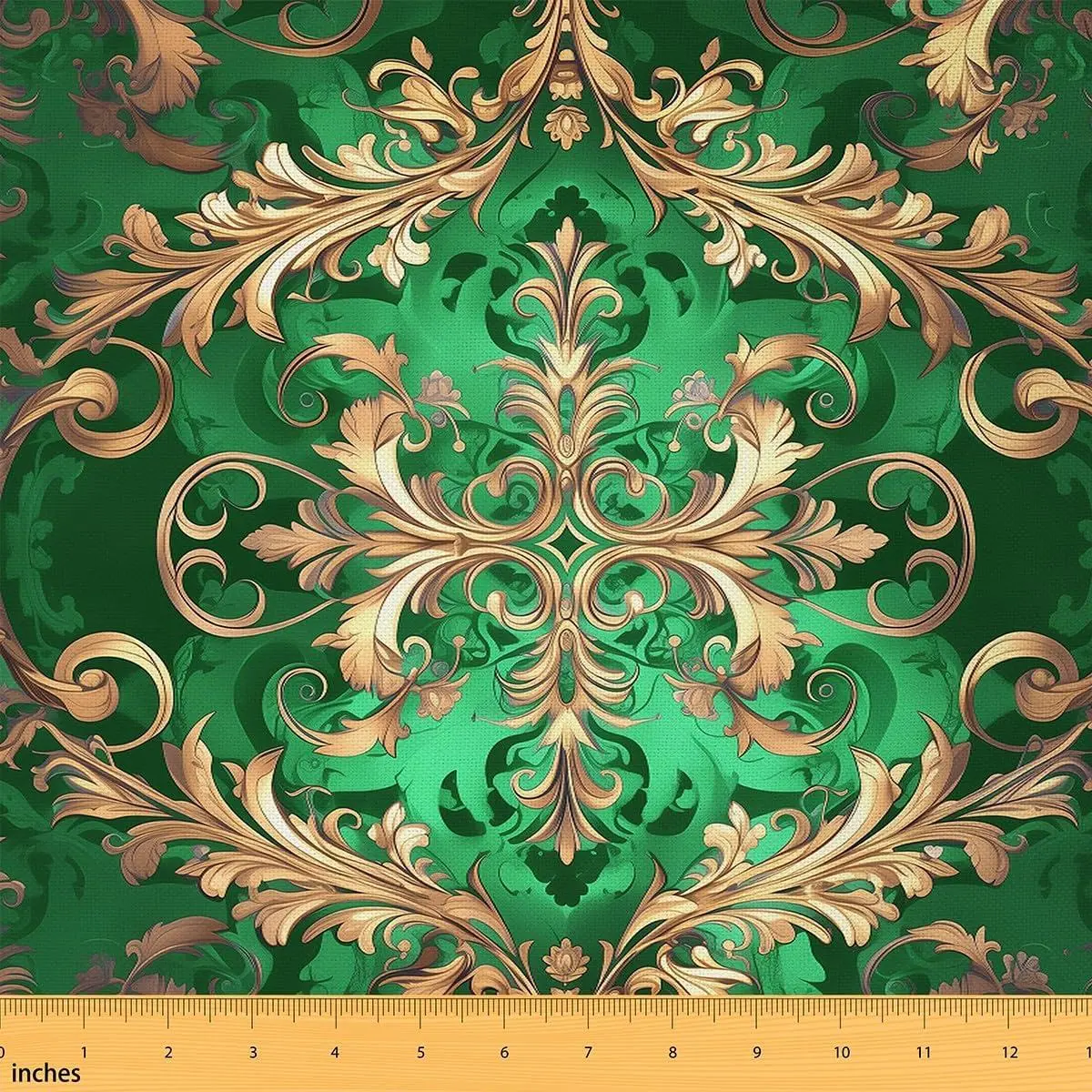 Golden Damask Flannel Fabric - Vintage Florals Upholstery,Aztec Boho Indoor Not Stretchy,Bohemian Retro Decorative - Golden Green