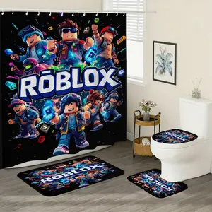 4pcs Roblox Character Theme Shower Curtain Set, Includes Plastic Hooks, Non-Slip Mat, U-Shaped Toilet Pad, Bathroom Decor Accessories