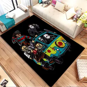 Classic horror characters driving a colorful van. Printed pattern home carpet, suitable for living room, bedroom, kitchen mat, home decoration, carpet, and also suitable as a holiday gift for