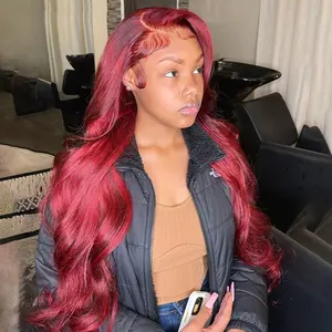 99j Burgundy 13x6 Lace Frontal Human Hair Wigs Transparent Colored Body Wave Red Lace Front Wig For Women 150% Density