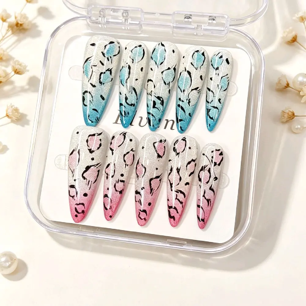 Handmade Blue Pink Cat Eye Ombre Leopard Print Press On Nails - Y2K White Glitter Base, Stiletto Reusable Fake Nails, Cute Trendy Salon Quality