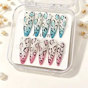 Handmade Blue Pink Cat Eye Ombre Leopard Print Press On Nails - Y2K White Glitter Base, Stiletto Reusable Fake Nails, Cute Trendy Salon Quality
