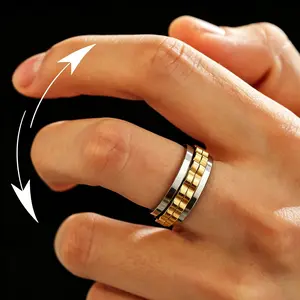 Gear Spinner Ring Stress Reducing Anti Anxiety Silver Gold Stainless Steel Rotates Electroplated Anti Tarnish Fashion Rotatable Ring for Men Perfect Father's Day Gift h Everyday Wear