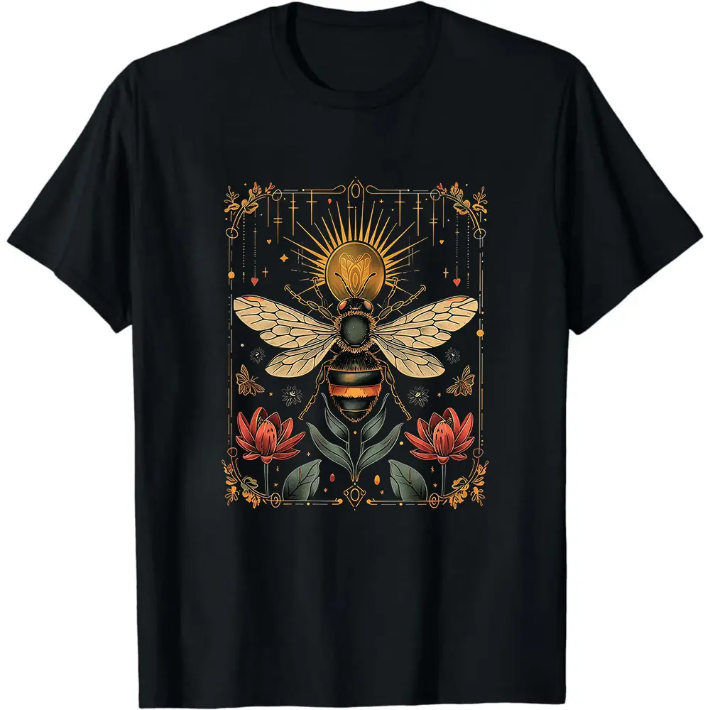 Unisex Vintage T-Shirt with Fade-Resistant Mystical Bee Graphic, Soft Short Sleeve, Relaxed Fit for Casual Streetwear, Round Neck