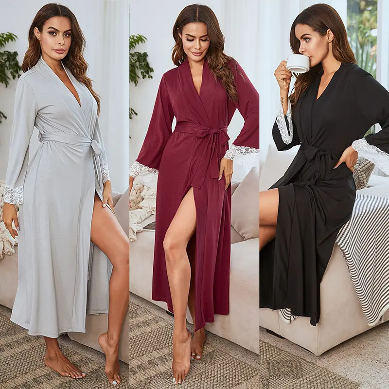 Women's long-sleeved lace patchwork robe with ties, long home wear, bathrobe, soft postpartum robe