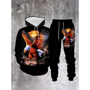 Outdoor Eagle Pattern Men's Hoodie and Sweatpants Two-Piece Winter Outfit