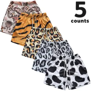 Y2K Men's 5-Pack Bold Animal Print Cargo Shorts - 7 Wild Patterns Including Leopard, Tiger, Cow Print & Paisley - Lightweight Quick-Dry Summer Beach Board Shorts with Elastic Waist & Drawstring - Streetwear Fashion for Raves, Festivals, Outdoor Activities