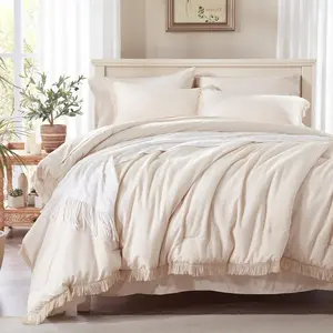 Boho Comforter Set 7 count with Tassel Lightweight Soft Fringe Bedding Sets with 1 Comforter, 2 PillowShams, 2 Pillowcases, 1 Flat Sheet, 1 Fitted Sheet in Beige