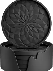 Silicone Coasters with Holder,[6 Pack] Drinking Coasters - Cup Mat for Hot or Cold Drinks, Thickened, Non-Slip, Non-Stick,Deep Tray Black