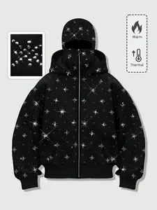 "Sparkling Starry Black Hoodie – Warm & Thermal Full-Zip Hooded Sweatshirt with Shimmering Crystal Accents, Cozy Streetwear for Men & Women"