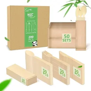 200pcs MZLBAMBOO Disposable Bamboo Tableware Set, Including Bamboo Forks, Knives, Spoons, Napkins, for Parties Picnic